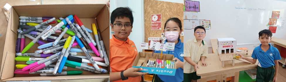 Three-panel collage showing colorful markers in a box, two students holding a marker organizer, and two students with a wooden model.